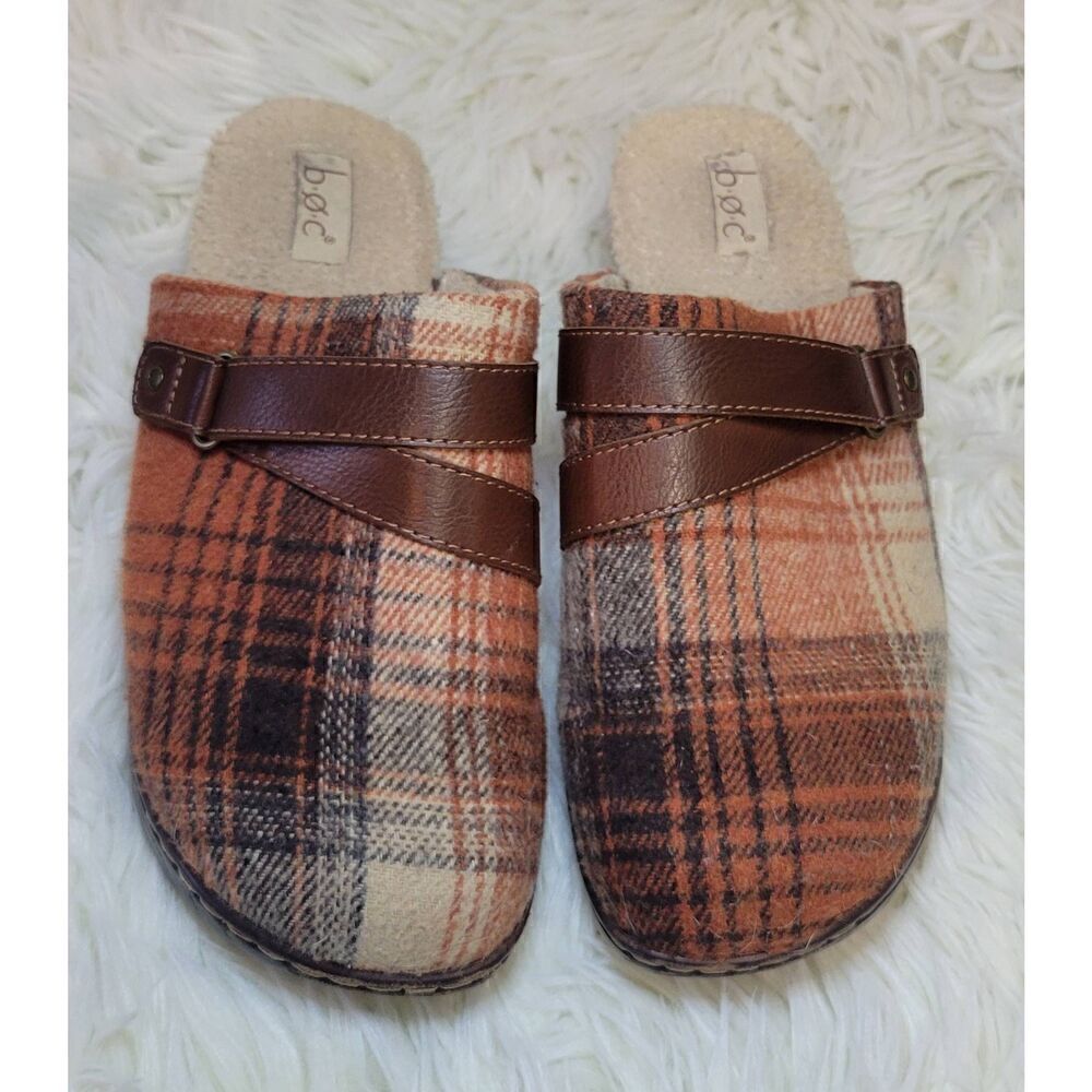 B.O.C. Born 'Mae' Orange Wool Plaid Sherpa Lined Clog 2.5" Heel Sz 8